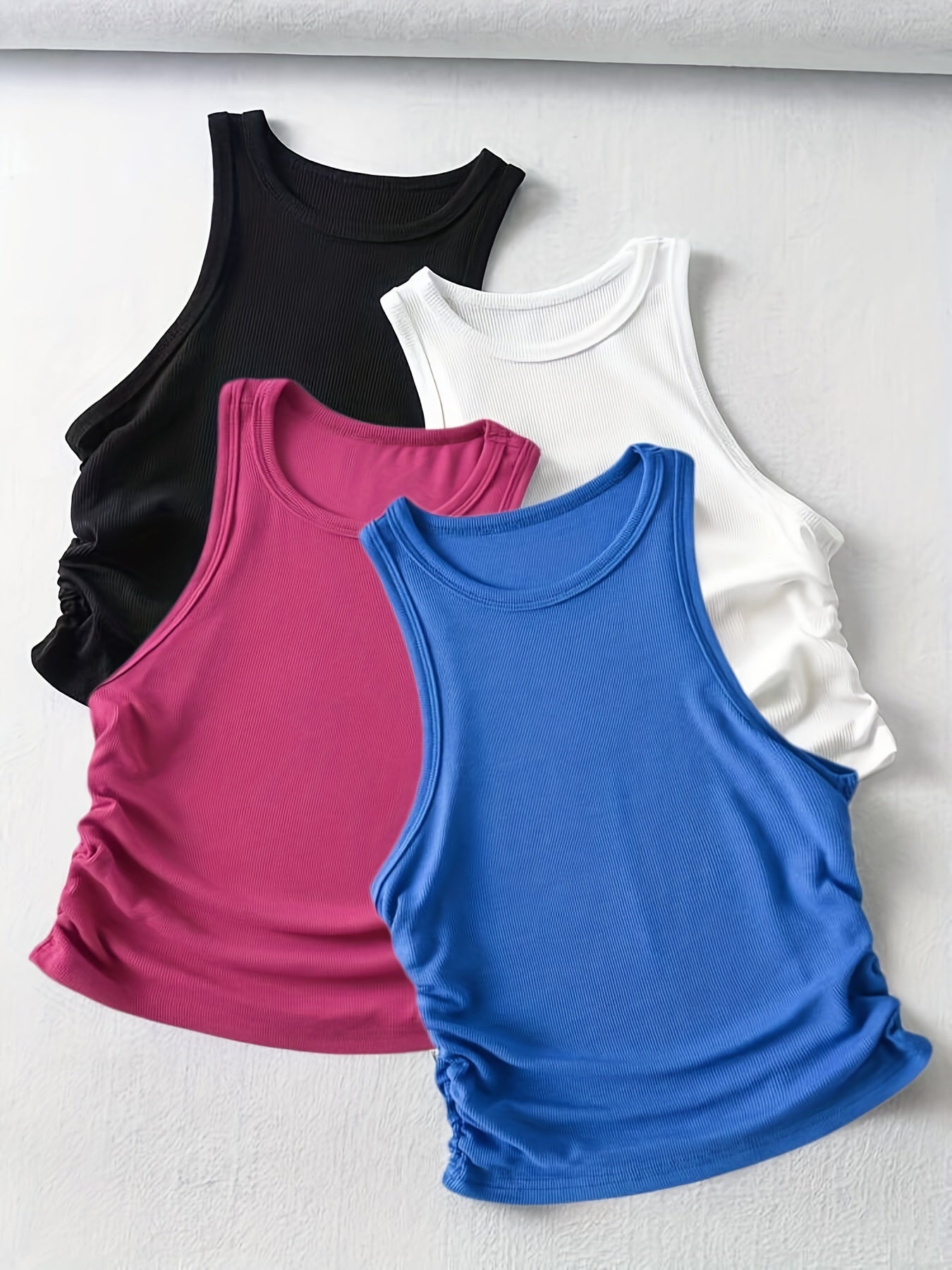 4 Packs Side Ruched Tank Tops, Y2K Crew Neck Tank Tops For Summer, Women's Clothing